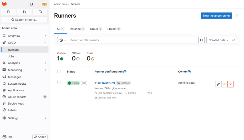 GitLab CI/CD 설정에서 gitlab-runner 등록 완료 확인